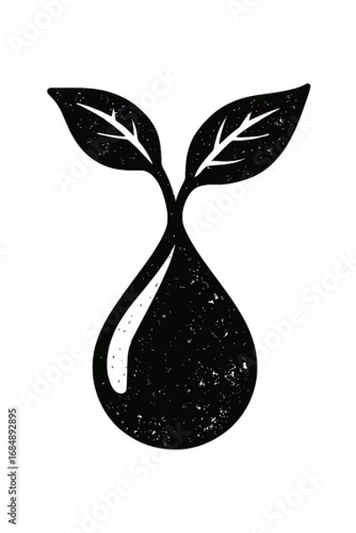 Obraz Vintage Style Plant Sprout Vector Graphic. Black and White Illustration of a Water Drop with Leaves for Environment and Sustainability.