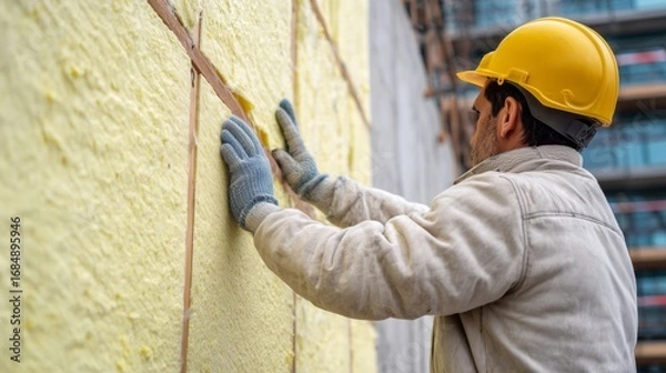 Fototapeta Builder installs polystyrene foam sheets on scaffolding for thermal insulation on exterior wall of a construction site
