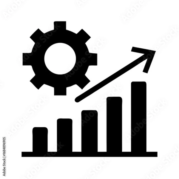 Fototapeta A black gear icon next to an increasing bar chart with an upward pointing arrow on a white background