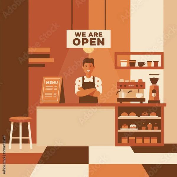 Obraz A friendly barista stands in his coffee shop ready to serve customers