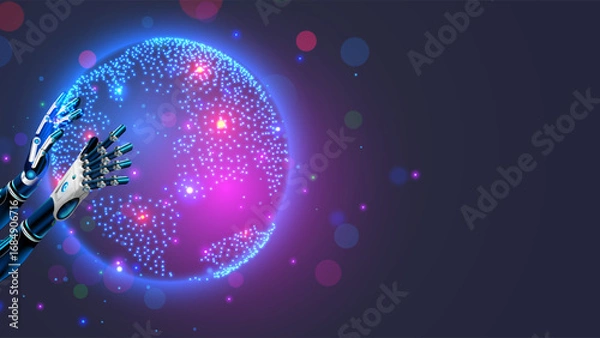 Fototapeta Planet Earth is in the hands of Artificial Intelligence or AI. A robot or cyborg holds the Earth in his hands. HUD interface of a virtual globe in cyberspace. AGI or AI conceptual illustration.