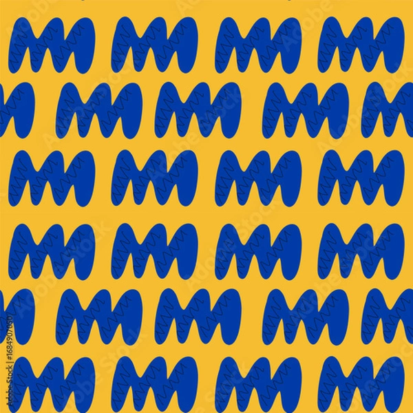 Fototapeta Seamless abstract pattern with dark blue wave-like shapes on yellow background for fabric, wallpaper, and wrapping paper.