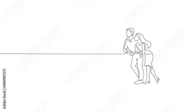 Fototapeta Minimalist Line Art of Two People Leaning on a Rail – Modern Outline Drawing of Companionship and Simplicity