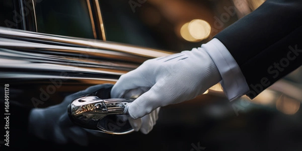 Obraz Extreme close-up of a hand with an elegant white glove of a professional chauffeur while opening or closing the door of a beautiful black luxury car. Generative Ai.