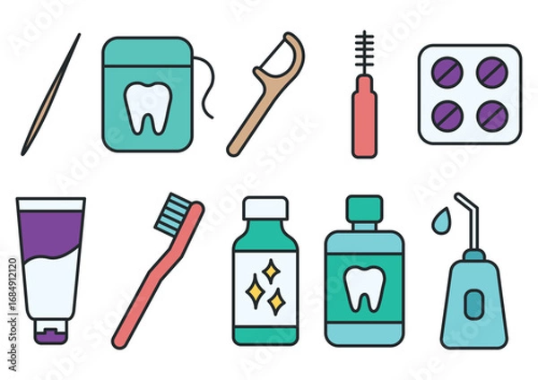 Fototapeta Set of dental hygiene icons in linear style. Toothbrush, toothpaste, floss, mouthwash, interdental brush, irrigator, dental tablets and tools for braces care.