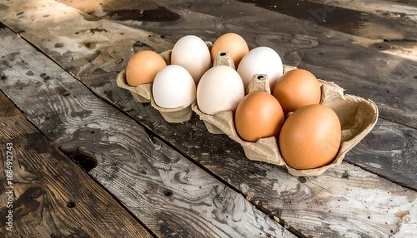 Fototapeta Eggs in a cardboard carton on a rustic wooden table