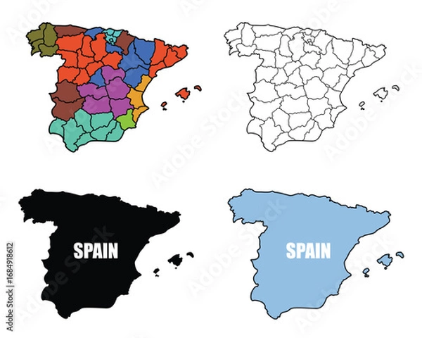 Fototapeta Collection of Spain map illustrations with regions, outline, and silhouettes.Vector illustration