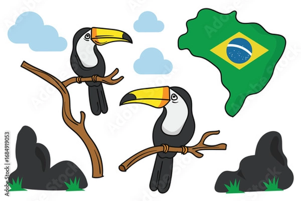 Fototapeta Colorful toucan birds and Brazil map with flag.Vector illustration.