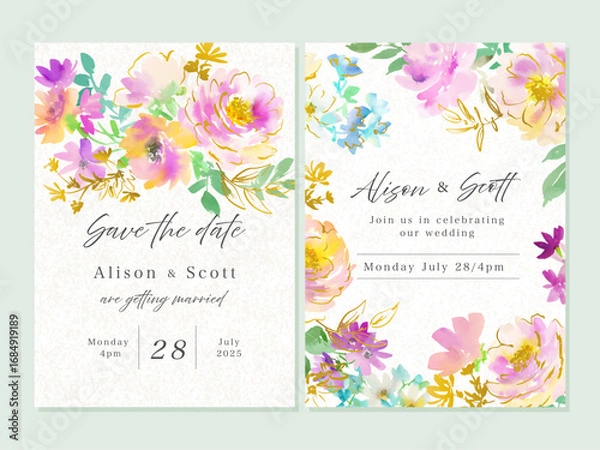 Fototapeta Wedding invitation card design set with abstract watercolor pink peonies, roses, wild flowers and gold line art. card template set with hand painted elegant flowers. Vector files.