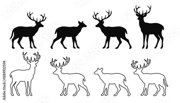 Fototapeta Collection of wild deer silhouette and outline elements. Vector illustration.