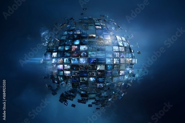 Fototapeta A sphere composed of multiple floating images of digital media and technology, set against a blue background with dark tones, 