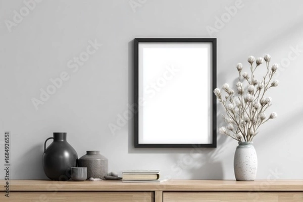 Fototapeta Elegant living room design with a wooden table, cozy sofa, and a large window filling the empty space with natural light