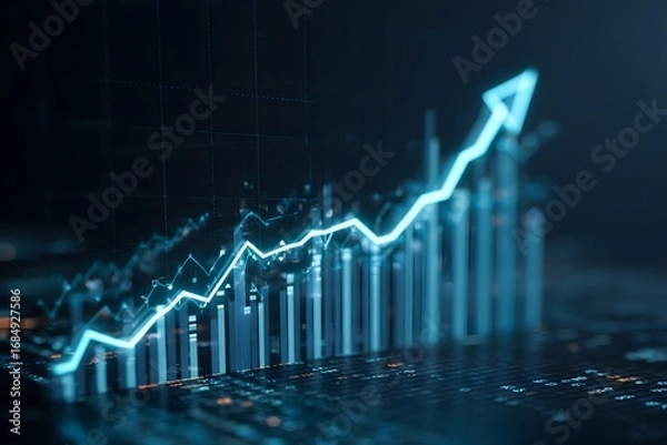 Fototapeta A stock market graph with blue and white lines, indicating an up trending line on the background of digital financial charts and graphs. 