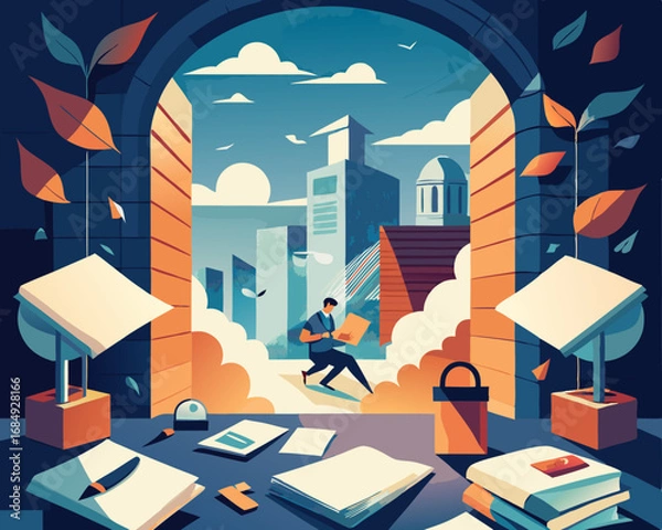 Obraz colorful illustration of a locked study where papers blow around