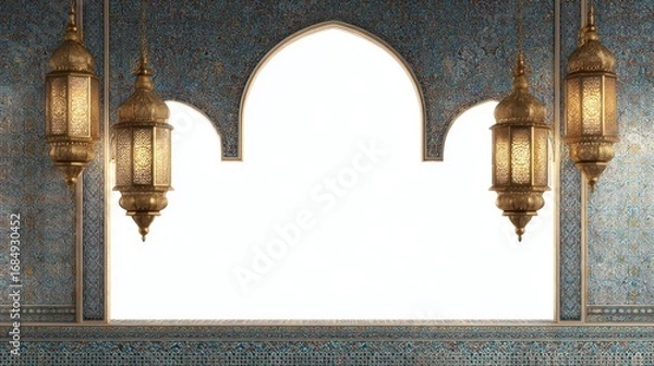 Fototapeta Islamic window frame and lanterns on white background