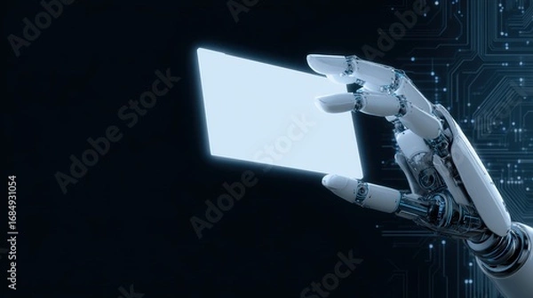 Fototapeta Robotic hand holding blank glowing card for presentation