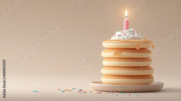 Fototapeta Stack of pancakes with candle on beige background