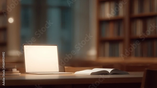 Fototapeta Laptop on desk with open book in library