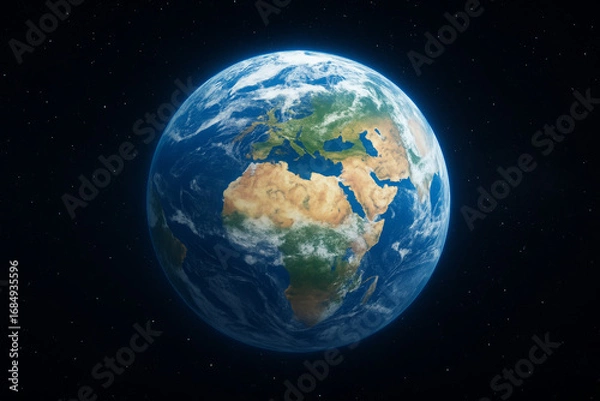 Fototapeta The magnificent blue planet, Earth, captured from the vastness of space, revealing its diverse continents, deep oceans, and swirling clouds against a backdrop of distant stars