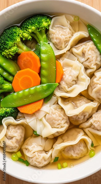 Fototapeta A bowl of wontons with a soup and vegetables