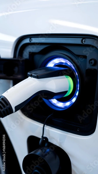 Obraz Electric car charging. A close-up of the charger plugged in, emitting a blue light.
