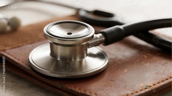 Fototapeta close up of a stethoscope on a table,Stethoscope on Leather Surface