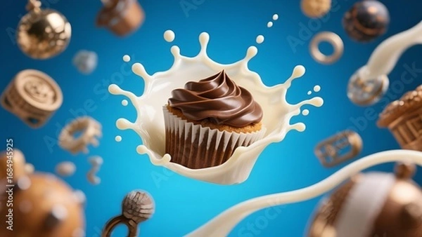 Obraz Delicious Chocolate Cupcake with Cream Splash on Colorful Background