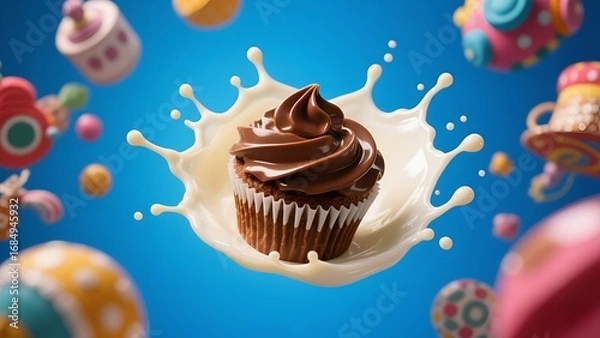 Obraz Delicious Chocolate Cupcake with Cream Splash on Colorful Background