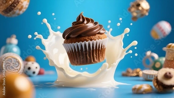 Obraz Delicious Chocolate Cupcake with Cream Splash on Colorful Background