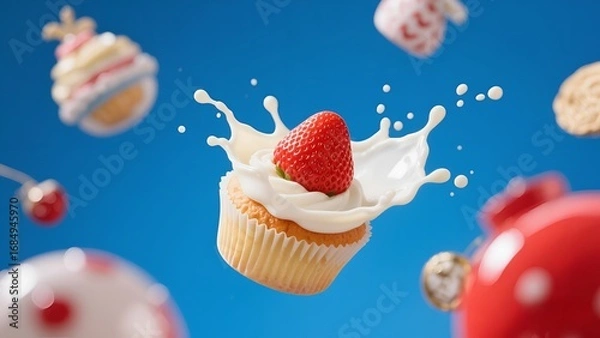 Obraz Fresh Strawberry Cupcake with Cream Splash on Blue Background