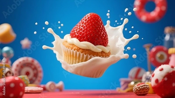 Obraz Fresh Strawberry Cupcake with Cream Splash on Blue Background