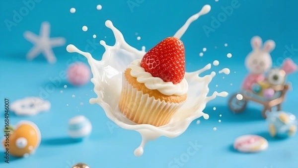 Obraz Fresh Strawberry Cupcake with Cream Splash on Blue Background