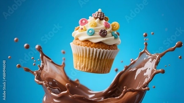 Obraz Colorful Cupcake with Cream Frosting and Chocolate Splash on Blue Background