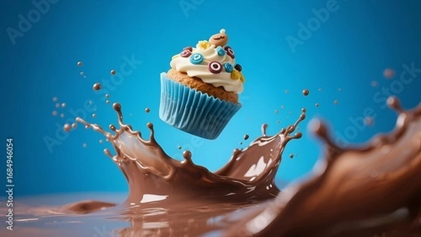 Obraz Colorful Cupcake with Cream Frosting and Chocolate Splash on Blue Background