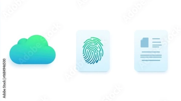 Fototapeta Digital data cloud, fingerprint scanner, document icons on white background