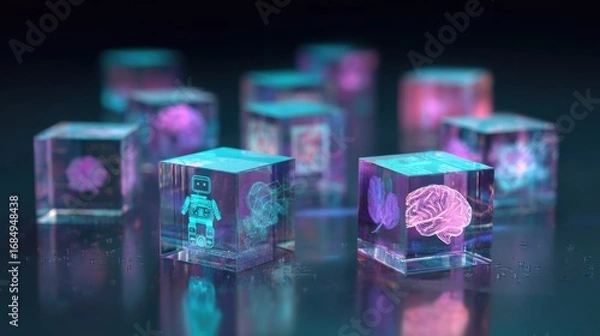 Fototapeta Collection of glowing cubes with hologram inside, artificial intelligence concept