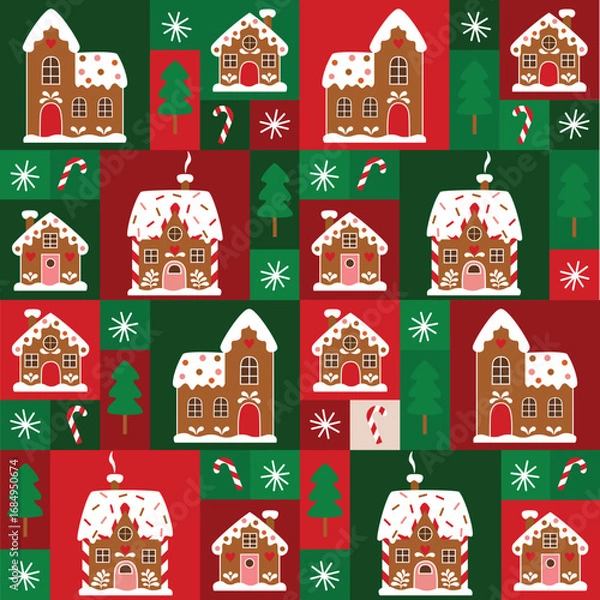 Obraz Traditional Colorful Christmas Pattern with Geometric Bauhaus Gingerbread Village