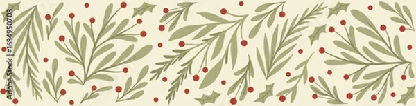 Obraz Elegant Christmas Banner with Green Foliage and Red Berries on Beige Background