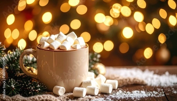 Fototapeta Mug of hot chocolate filled with marshmallows surrounded by Christmas decorations and bokeh lights festive