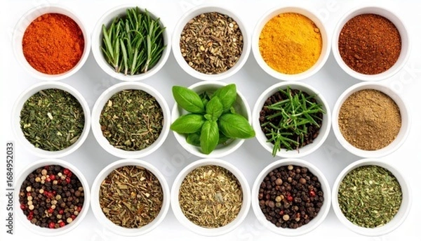 Obraz A collection of fifteen white bowls filled with assorted dried spices herbs and peppercorns arranged in a grid pattern