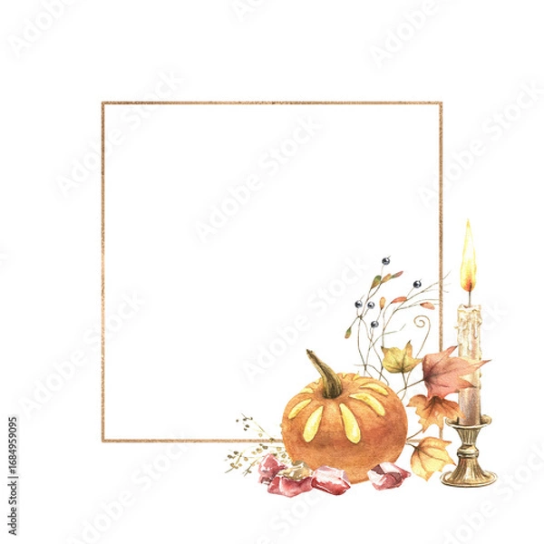 Fototapeta Golden frame with autumn pumpkin lantern, fall leaves and vintage candle. Warmth holiday design. Hand drawn watercolor illustration isolated on white background. For sticker, invitation, poster, card.