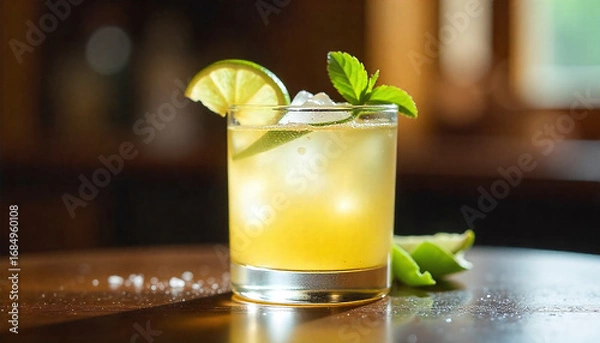 Fototapeta Refreshing yellow cocktail with lime slice and mint leaf on wooden table