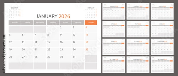 Fototapeta Calendar planner 2026 year, schedule month calender, European organizer template. Week starts on Monday. Business personal page. Modern simple dairy. Vector illustration