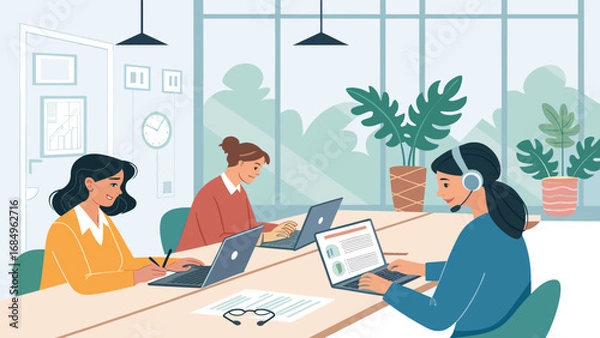 Fototapeta Three diverse women collaborate and work diligently at laptops in a modern, light-filled office. Ideal for themes of teamwork, customer service, and business productivity.