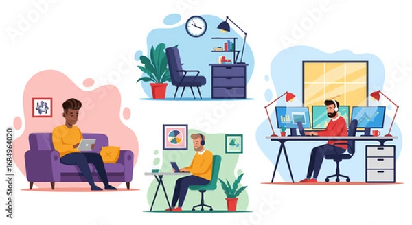 Fototapeta People engaged in remote work, online learning, and digital tasks from various home environments. Illustrates modern professional flexibility and connectivity.