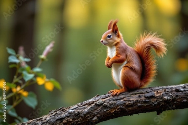 Fototapeta Cute red squirrel perched on a branch in a serene forest setting, with vibrant green and yellow bokeh in the background