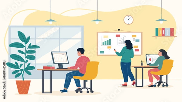 Fototapeta Modern office scene with professionals collaborating, working on computers, and presenting data on a whiteboard. Depicts teamwork, productivity, and business strategy.