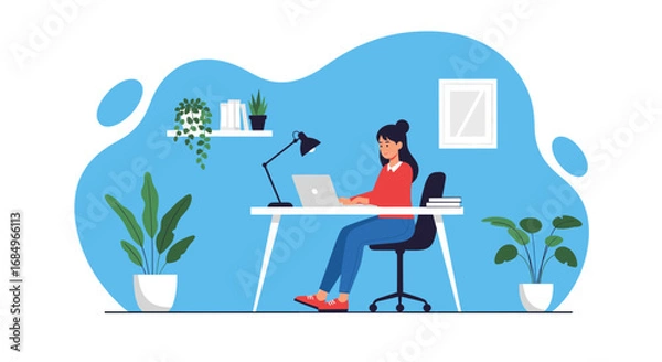Fototapeta Woman working remotely on laptop at her home office desk, surrounded by plants. Concept of freelance, productivity, and modern lifestyle.