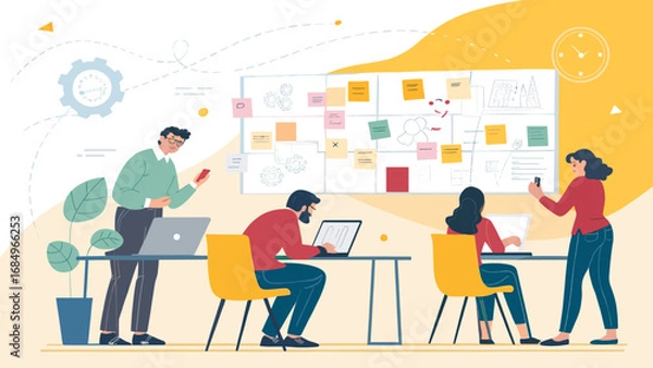 Fototapeta Team of professionals collaborating in a modern office, discussing strategy, ideas, and project management. Ideal for business, startup, or creative agency concepts.