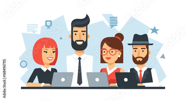 Fototapeta Diverse business team collaborating and working together on laptops. Represents teamwork, professional development, and modern office productivity.